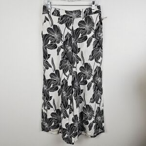 Tahari Black & White Floral Cropped Wide Leg Linen Pants NWT